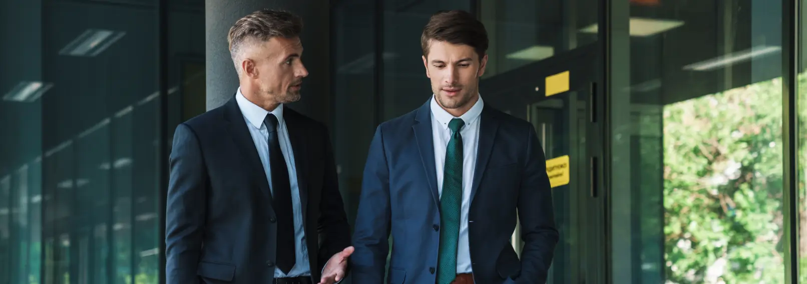 Two business men wearing suits walking outside of a glass building.