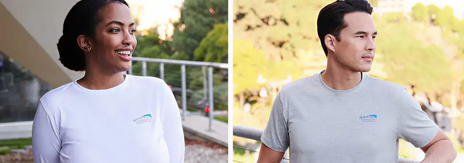 A man and woman wearing a branded T-shirt made of breathable fabric.