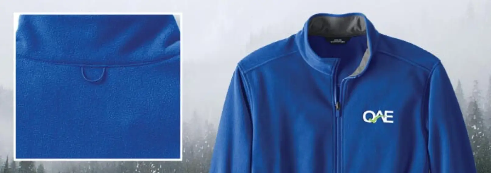 Royal-blue mid-weight fleece jacket with close-up inset of soft fabric texture