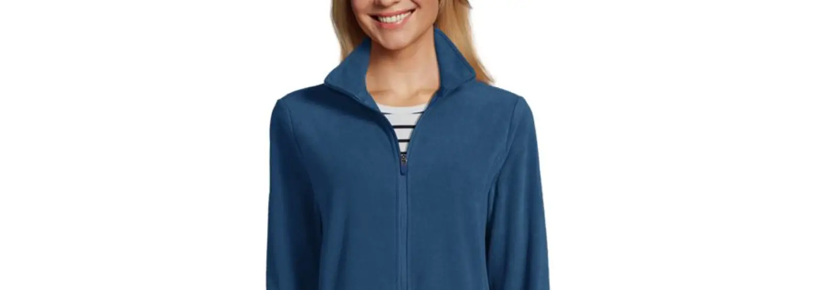 Woman wearing classic full-zip fleece jacket illustrating microfleece style
