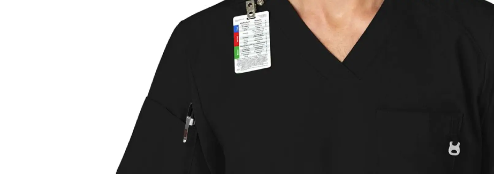 Close-up of medical professional wearing black scrub uniform