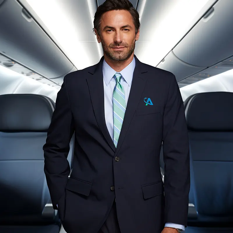 An airline employee wearing a suit standing in the aisle of an airplane.