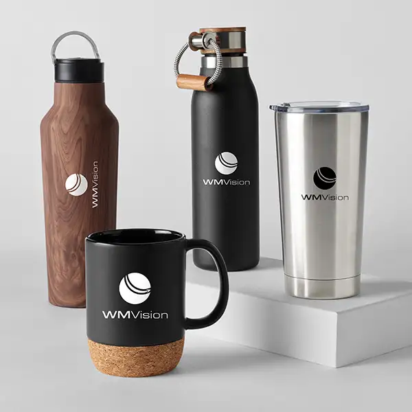 A black mug, a stainless steel drink mug, and a black and wood patterned water bottle.