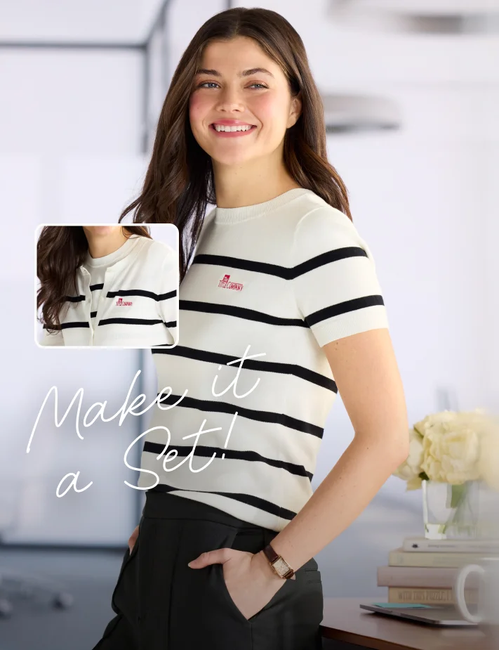Image of a woman wearing layers of embroidered tops with an overlay reading 'Make it a set!'