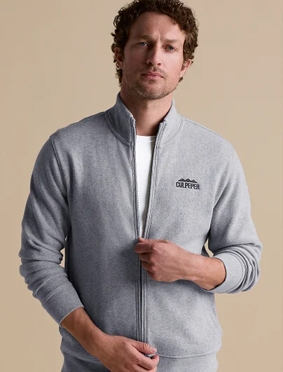 Man wearing a gray Bedford French rib full zip jacket