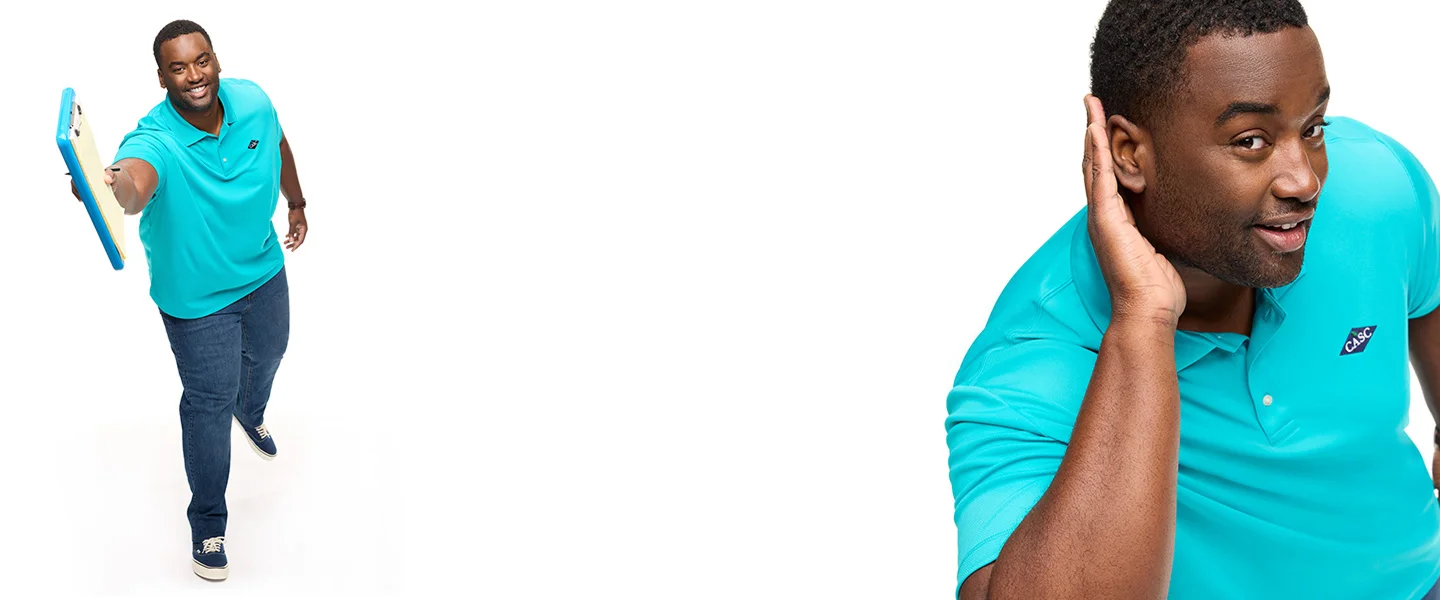 Man wearing a teal flagship performance polo.