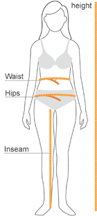Yellow lines on a women’s model showing where to measure height, hips, inseam and waist.