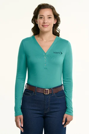 Women's model wearing a Defined Fit top for size comparison.